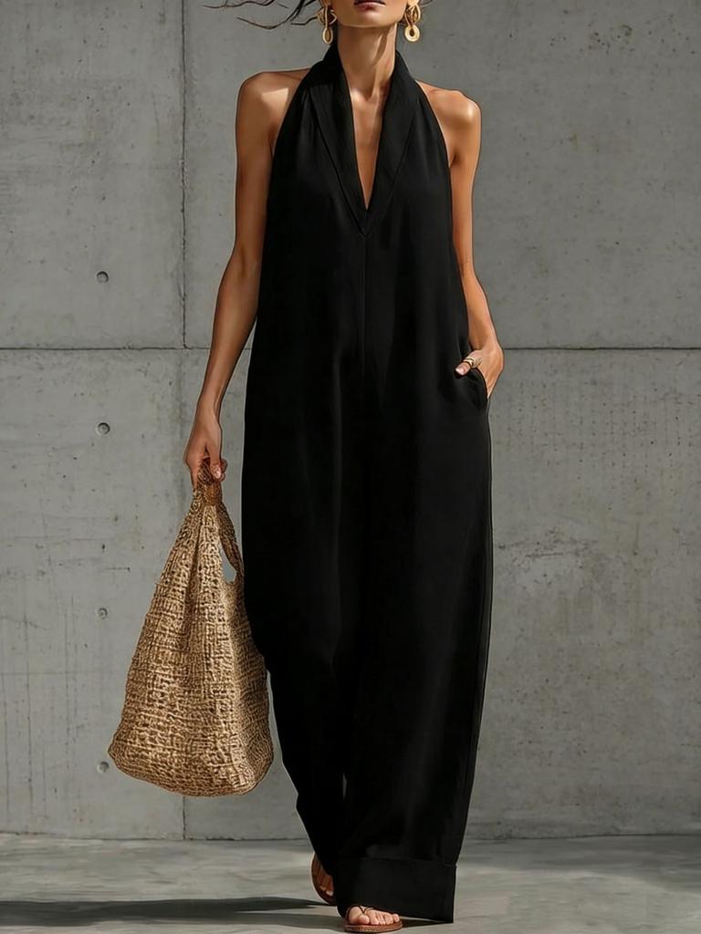 Women Simple Elegant Sleeveless Straight Casual Cotton Linen Jumpsuit