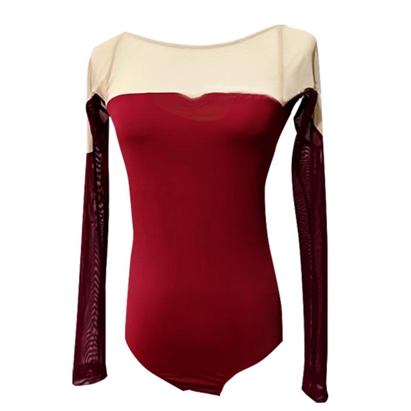 Falling Leaves Light Dance Mesh Splice Costume: Classical Black Camellia Body Shaping Suit