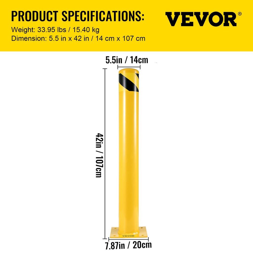 Safety Bollard, 42 Inch Height Bollard Post, 5.5 Inch Diameter Steel Pipe Safety Bollard Post, Yellow Steel Bollard, Steel Safety Bollard with 8