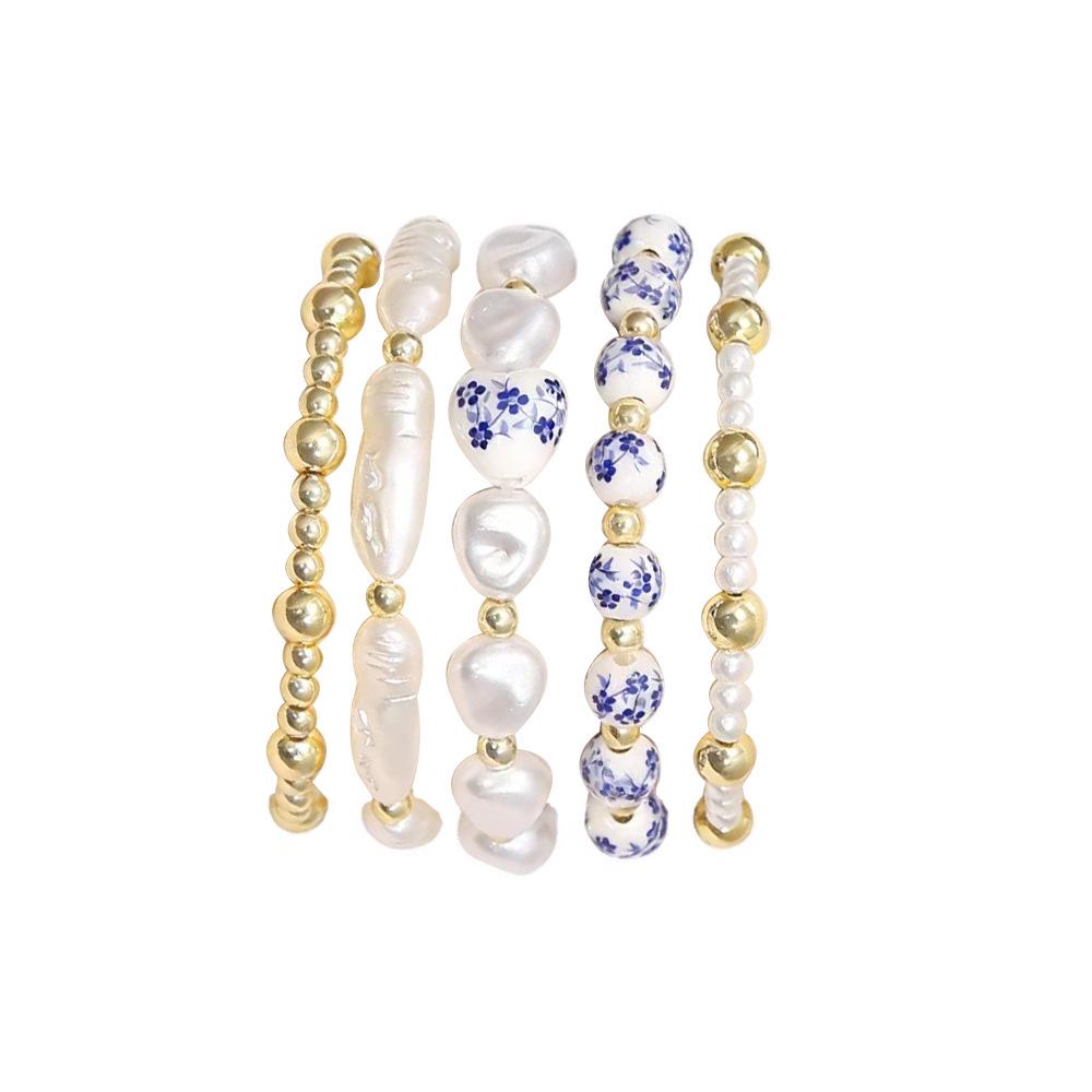 Elegant Blue & White Porcelain Gold Bead Bracelet with Faux Pearls and Layers