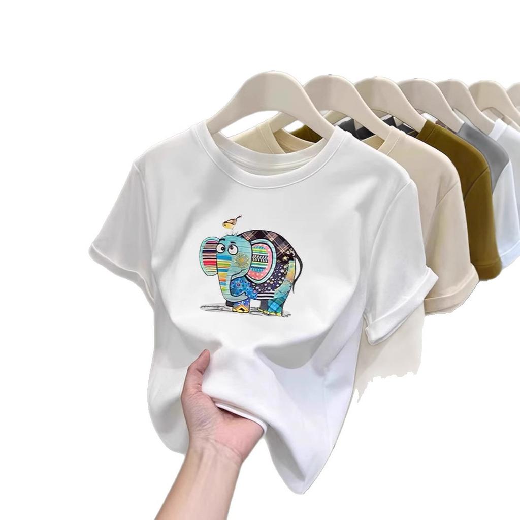 Summer new cartoon cute baby elephant printed short-sleeved T-shirt women's fashion versatile casual top bottoming shirt