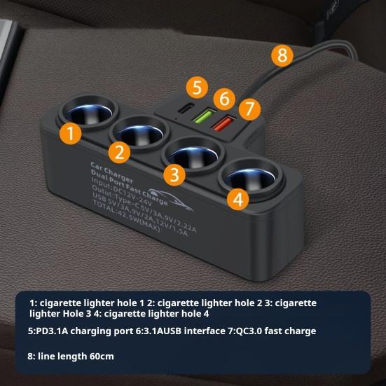 Car Charger 3 USB Ports QC3.0 And PD 3.1A 120W 4-Socket Built-in Safety Wire Fast
