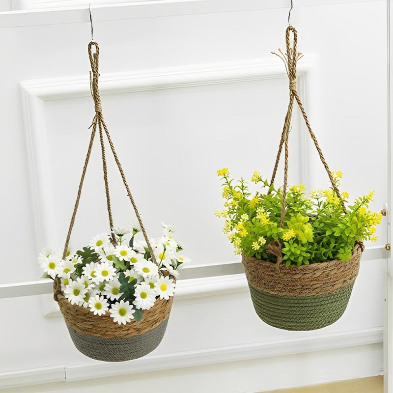 Stroh Hängender Korb Hanfseil Geflochtene Blumenkörbe Topfpflanzen Blumentöpfe
