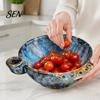 Decorative Fruit Display Dish Ceramic Berry Bowl, Self Rinsing with Drainage Hole Washing Flower Shaped Basket Glazed Bowl for Kitchen Countertop