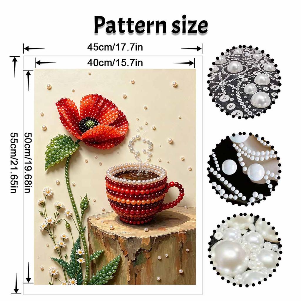 Elegant Framed Pearl Art DIY Set with Poppy Coffee Cup 5D Sparkling Bead Canvas Painting Ready to Display Romantic Home Decor Art Gift