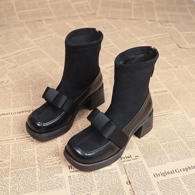 

Замшевые женские ботильоны на платформе с бантом, модные высокие каблуки, квадратный носок, плюшевые массивные туфли, женские трендовые новые элегантные удобные зимние ботинки Femme 40 чёрный