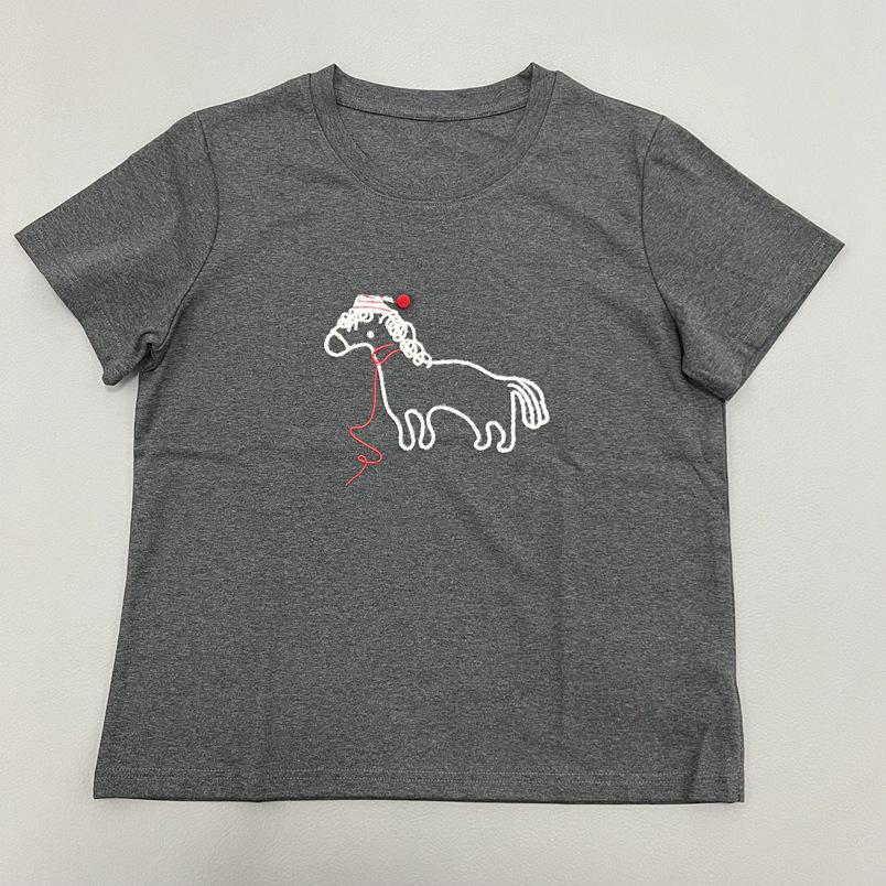 

Gray Women s Round Neck Short Sleeve T-shirt with Cartoon Pony Embroidery - Pure Cotton, Summer Style, Versatile Base Layer. Extra Large темно-серого