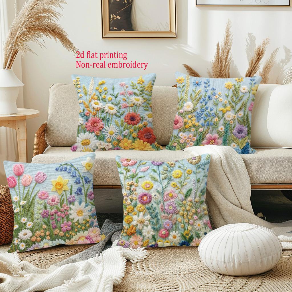 1/4pcs Spring Wildflower Throw Pillow Covers 2D Flat Printed Floral Cushion Cases For Sofa Bedroom Living Room Decor