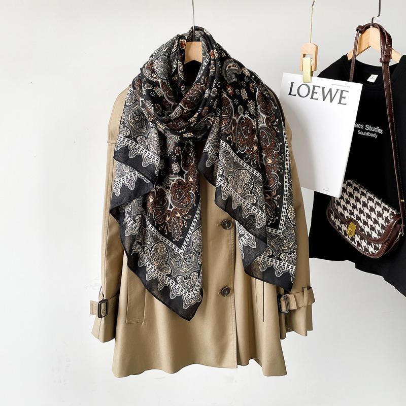 New Cotton and Linen Scarf Women's Autumn High-end Feeling Belt Buckle Printed Silk Scarf Angola Red Shawl