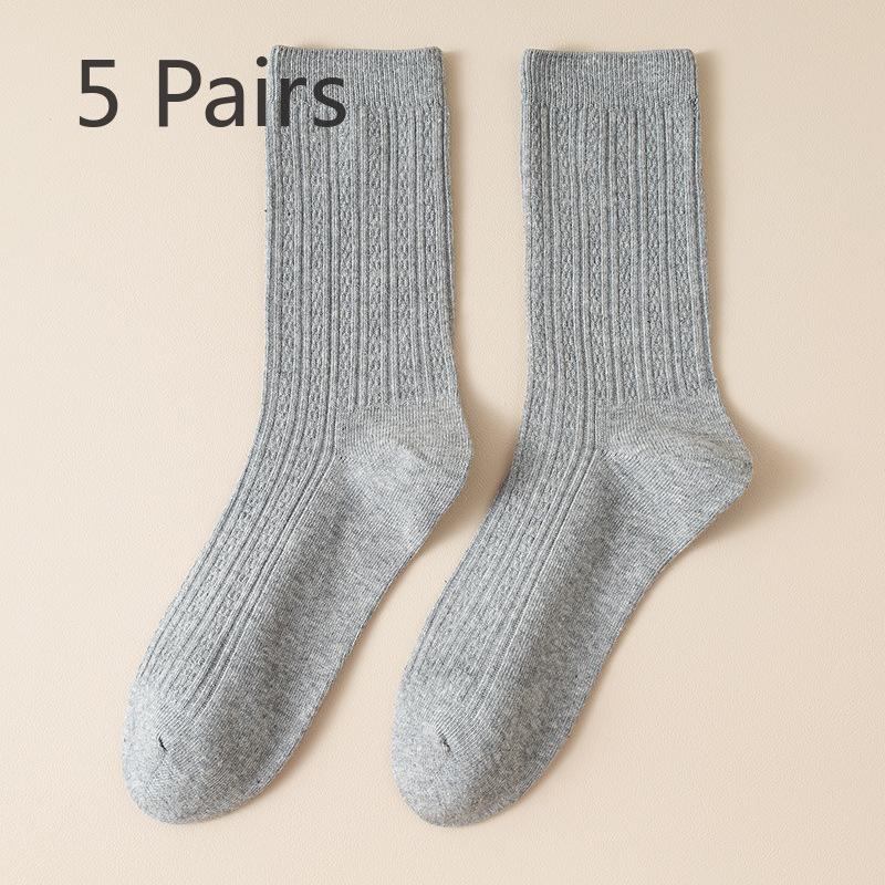 5 Pairs Boneless White Socks Women's Mid-calf Socks Autumn and Winter Cotton Tide Grey Double Needle Anti-pilling Long Stacked Socks