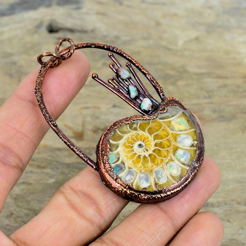 Ethiopian Opal In Ammonite Fossil Pendant Electroformed Copper Pendant Ethiopian Opal Pendant Handmade Jewelry Gemstone Pendant Gift for Her