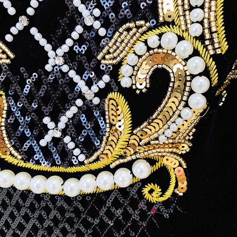 2025 Gold Velvet Long-Sleeve Dress with European & American Heavy Embroidery, Sequins, and Beaded Details