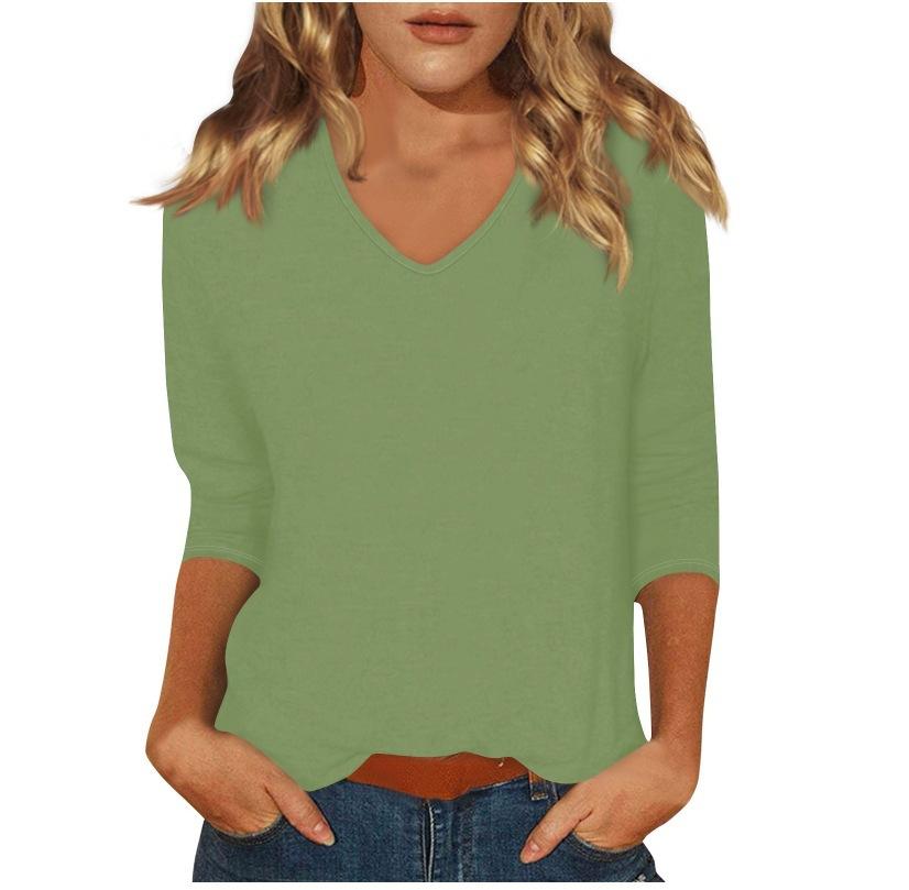 Women's Daily Versatile Casual V-Neck Solid Color Seven-Sleeve T-Shirt Top