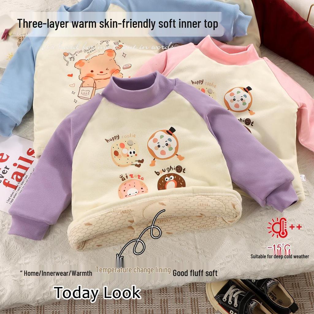 Children's Warm Cotton Cartoon Base Layer Top - Temperature-Sensitive, Half-High Collar Shirt for Baby Girls, Ideal for Autumn/Winter.