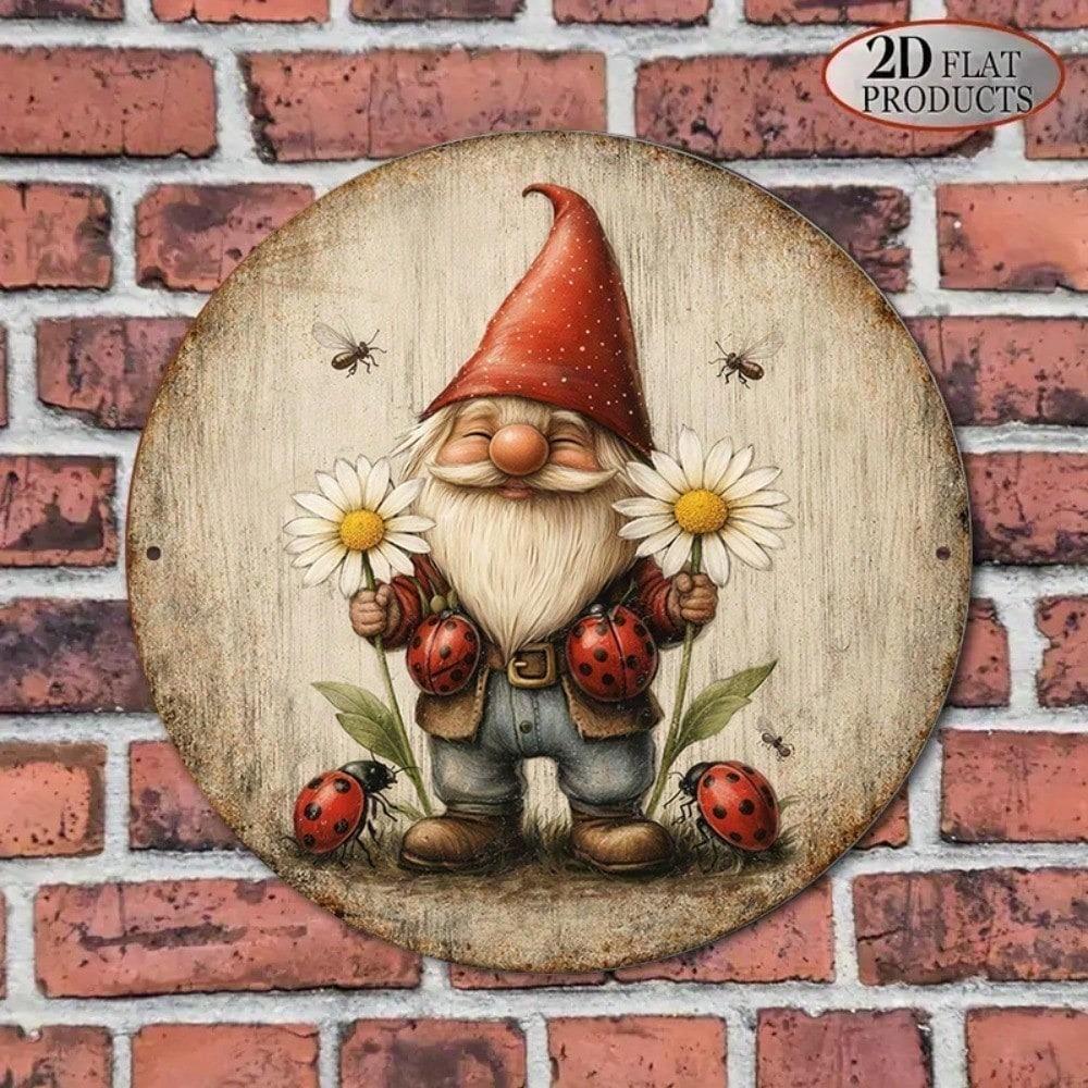 1pc 8x8in Retro Gnome Ladybug Garden Sign Round Metal Plaque Outdoor Porch Wall Decor Yard Patio Hanging Ornament