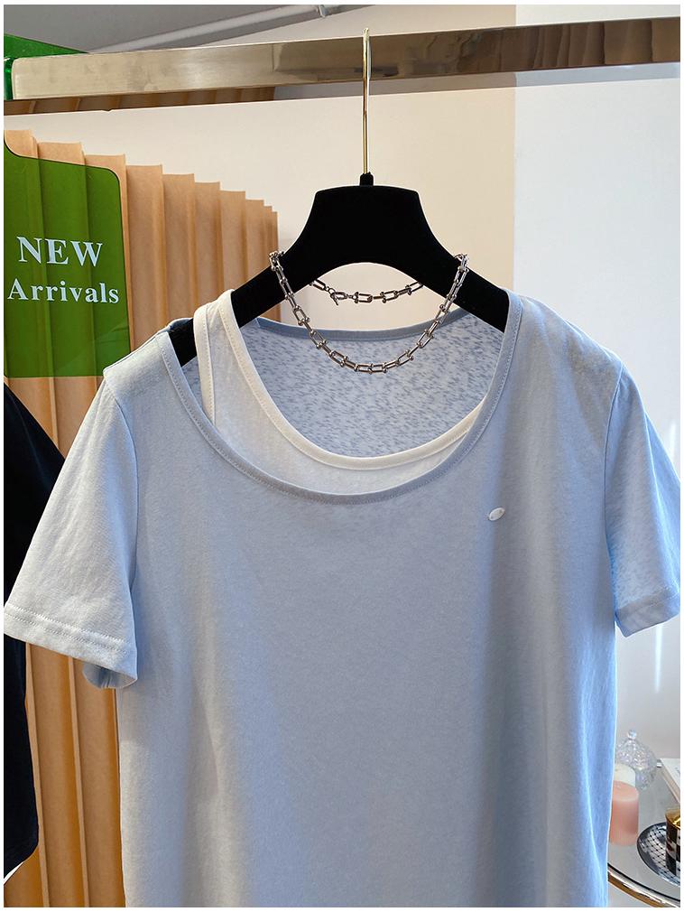 Plus Size Korean Snowflake Cotton Two-Piece Look T-Shirt, Women's Short Sleeve, Loose Casual Top (2026)