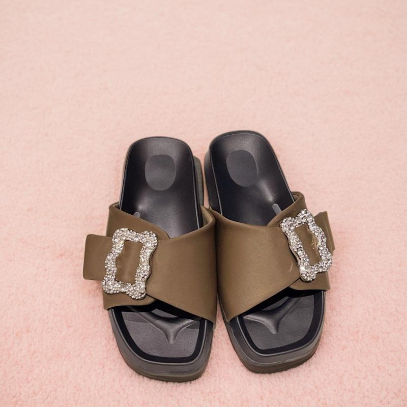 Fashion Summer Platform Mid-heels Women's Square Head Glitter Metal Buckle Anti-slip and Wear-resistant Flat Flip-flops