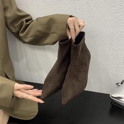 Black Suede Low Heel Pointed Toe Ankle Boots for Women - Stiletto Heel, Autumn/Winter 2025 Collection.