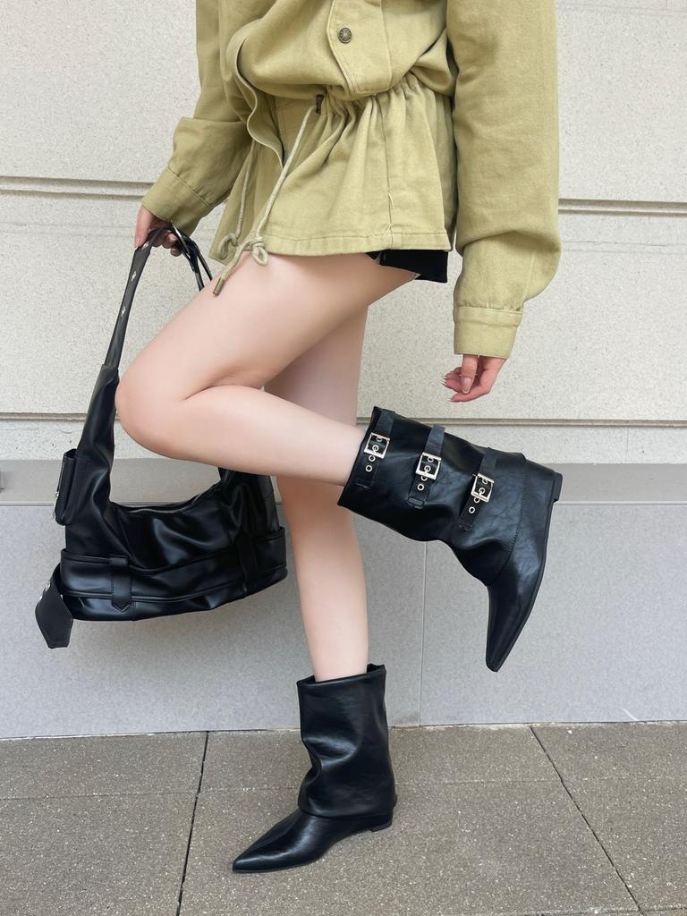European and American Style Metal Buckle Large Wide Tube Inner Height Increase Pointed Short Boots