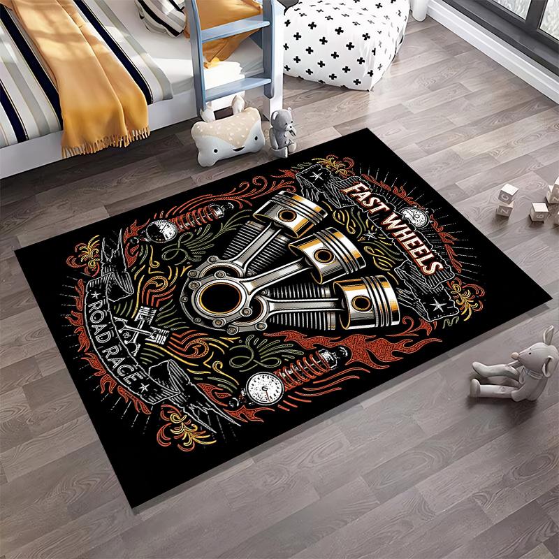 Fast Wheels Printed Carpet with Engine Design and Road Race Theme Suitable for Use As an Anti-slip for Living Room Bedroom Sofas