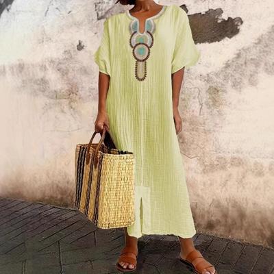 Cotton and Linen Embroidered Slit Dress