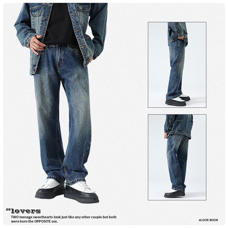 Autumn/Winter Men'S American High Street Retro Straight Leg Jeans Thick Pants With Velvet Loose Trendy Versatile Denim Pants