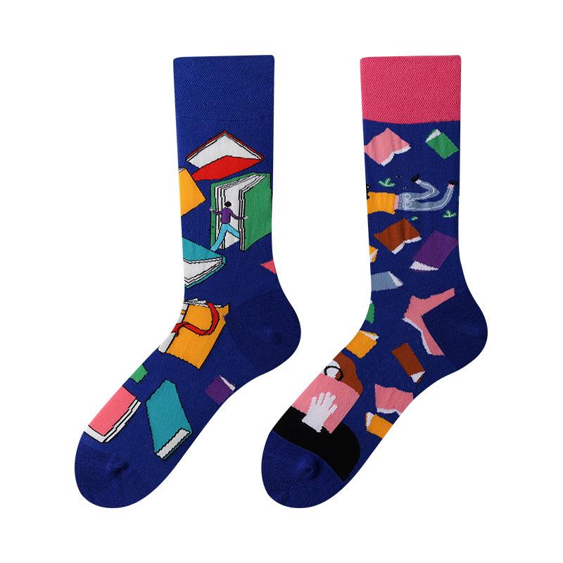 Unisex A/B Style Asymmetrical Cartoon Mid-Calf Cotton Socks