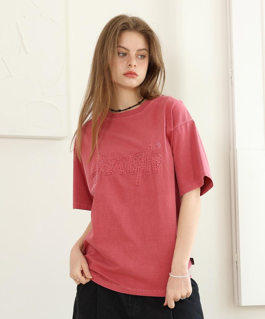 Yosemiti Applique Embroidery Pigment Short Sleeve T-Shirt Wine Yt-306