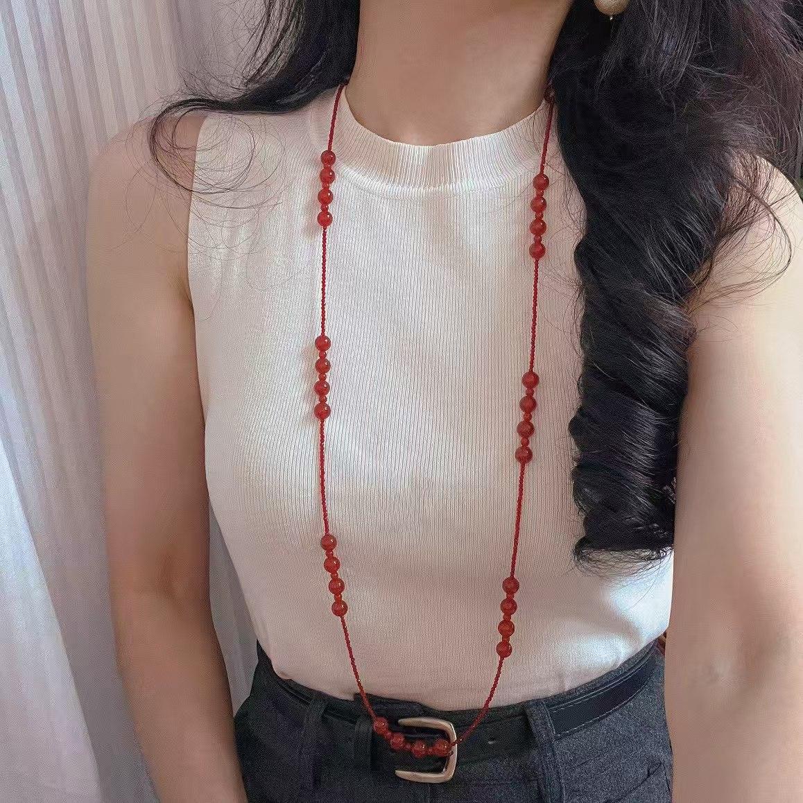 Natural Vitreous Pigeon Blood Red Chalcedony Agate Artificial Ruby Necklace Collarbone Chain Sweater Chain