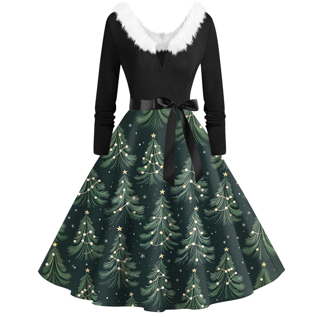 Women's Fashion V-Neck Casual Slim Christmas Printed Long Sleeve Hair Collar Dresses