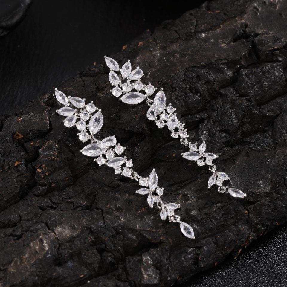 ZAKOL Exquisite White Gold Color Leaf Long Dangle Earrings for Women Fashion Cubic Zironia Bridal Earring Wedding Jewelry