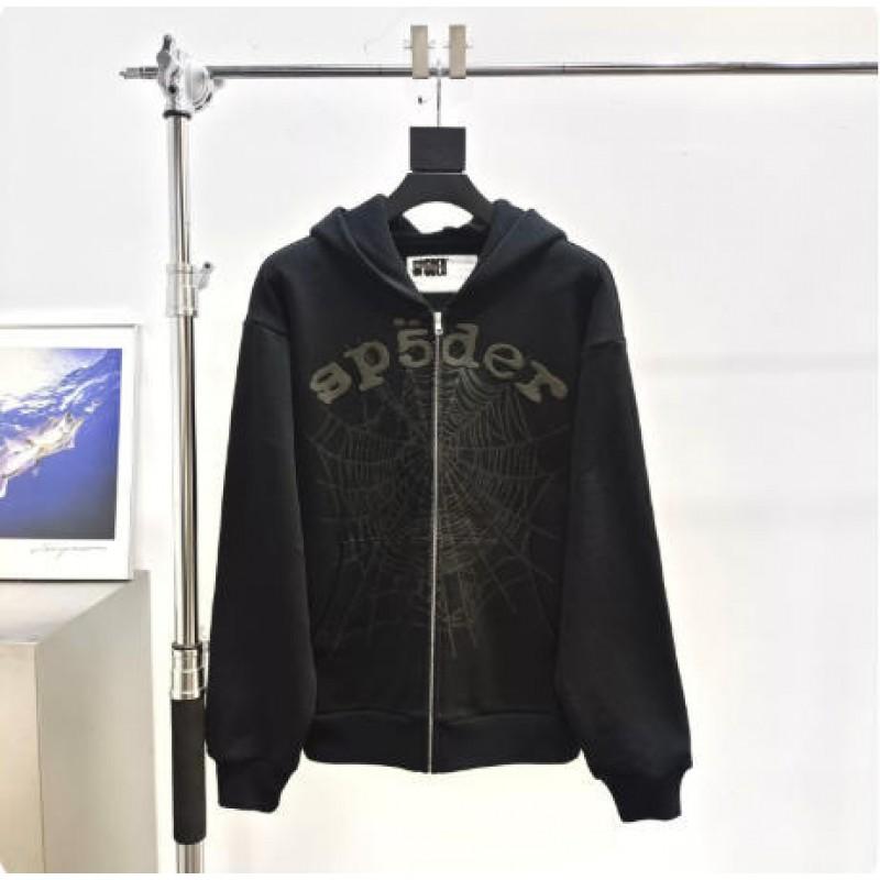 Felpa Sp5der Oversize Spessa in Pile con Stampa a Foglia Ragnatela Design Uomo Inverno Casual