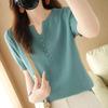 Women's Cotton Linen V-Neck Short Sleeve Button-Up Top