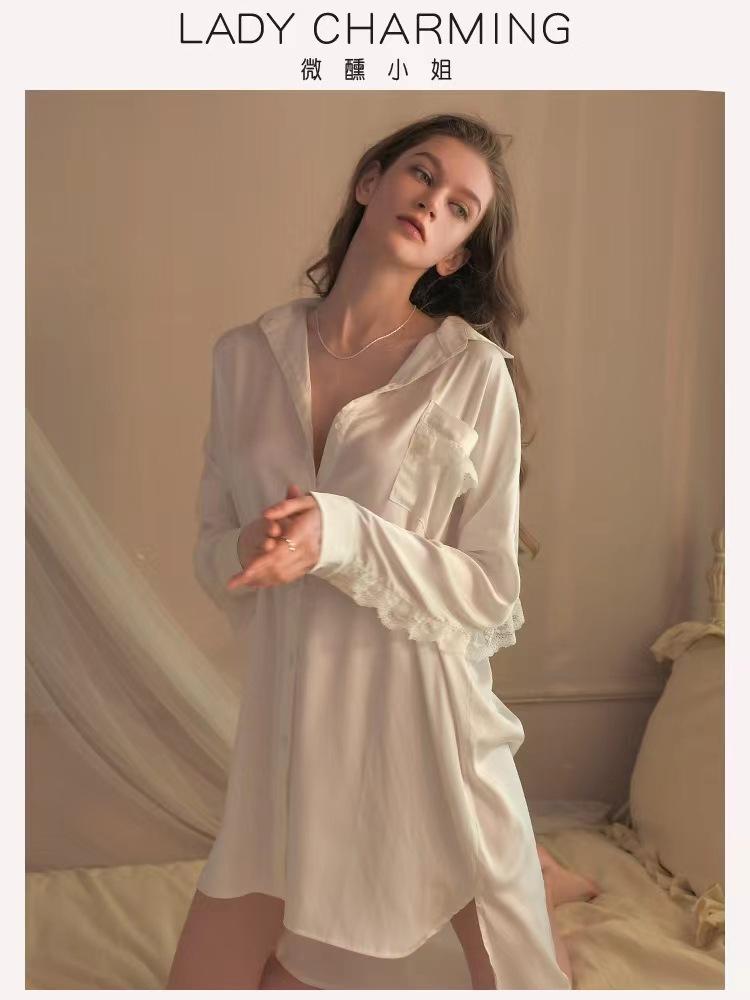 Ночная сорочка из ледяного шелка женская пижама весна и лето с длинным рукавом бойфренд тонкий топ белая рубашка юбка сексуальная большого размера One size fits all. recommended 40-67.5kg