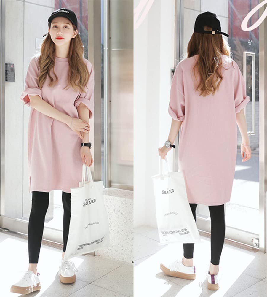 MaxWant Long Loose Drop Side Solid Casual Women's T-Shirt Dress, Fit, Summer, 3/4 Sleeves, Knee-Length, Shoulder, Slit, Color, (XL, Pink)