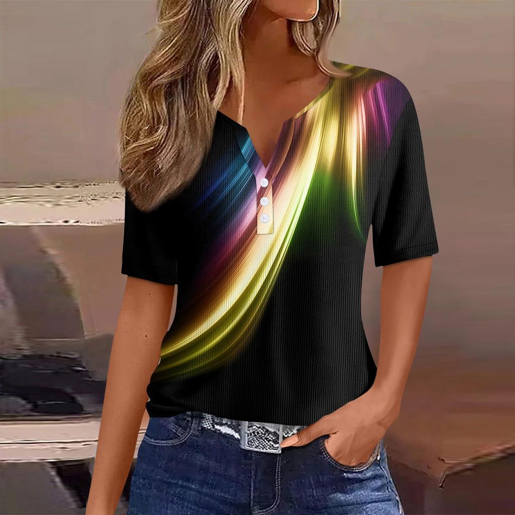 T-skjorte for kvinner T-skjorte med knapper med kortermet tunika Daily Weekend Fashion Basic V-hals vanlig topp
