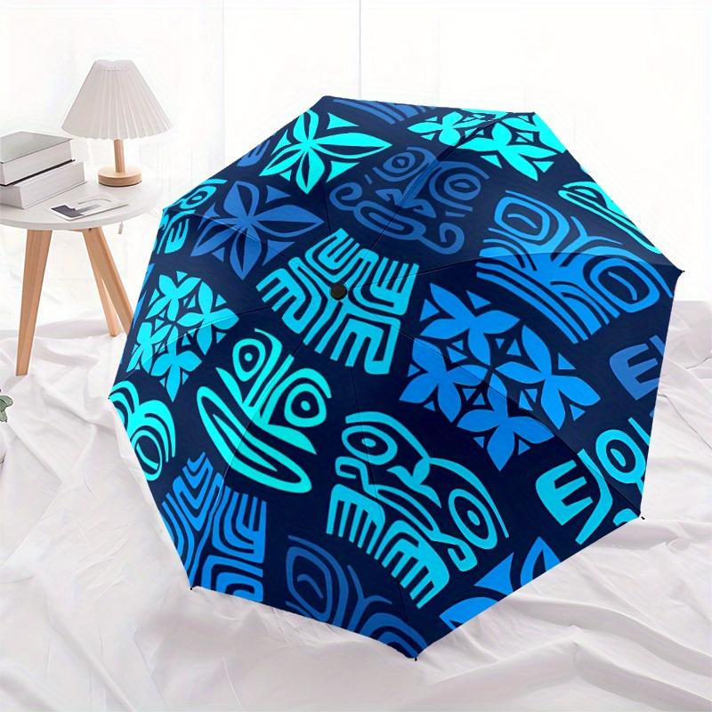 1pc Polynesian Pattern Automatic Folding Umbrella - 8-Rib Iron Frame, Windproof, Portable Sunshade with Plastic Handle for Travel & Outdoor