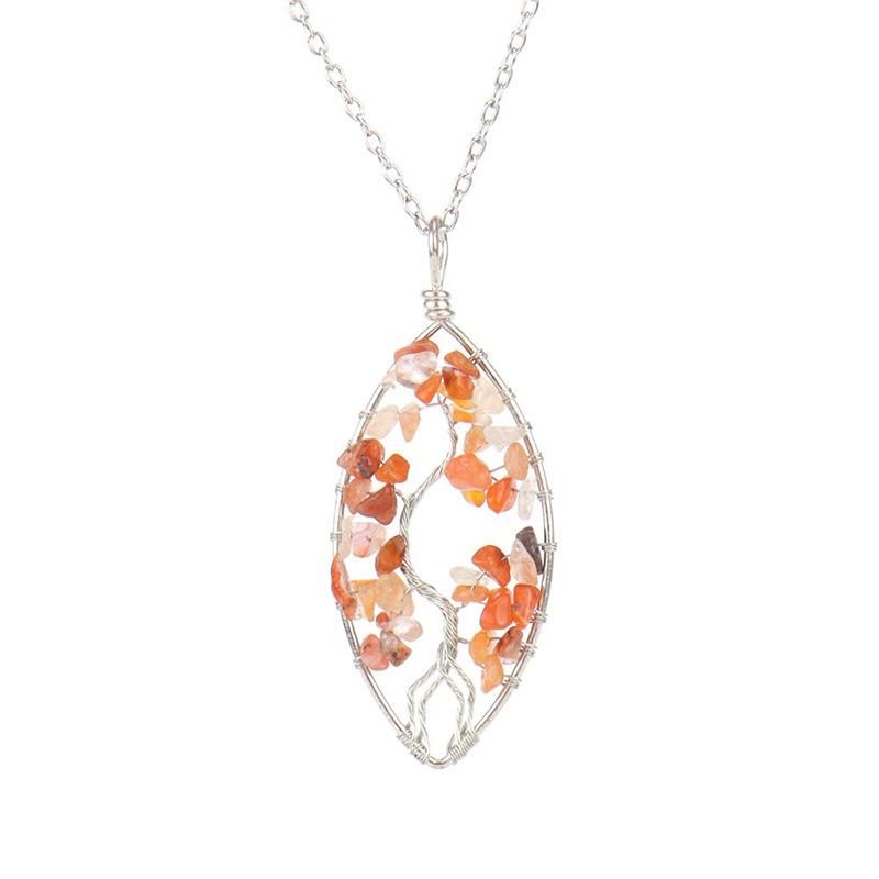 Hand-Wrapped Silver Natural Gravel Tree Of Life Necklace, Curved Crystal Lucky Tree Leaf Necklace N04