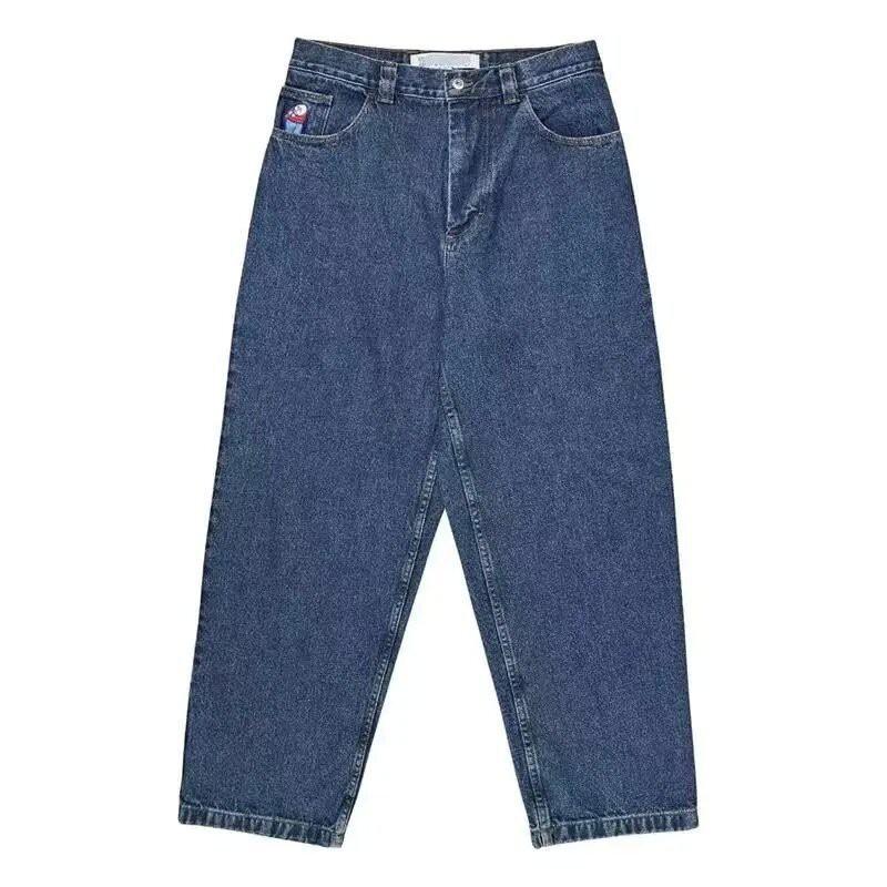 Mens Y2K Hip Hop Wide Leg Straight Fit Denim Jeans - Washed Cotton Loose Streetwear Style