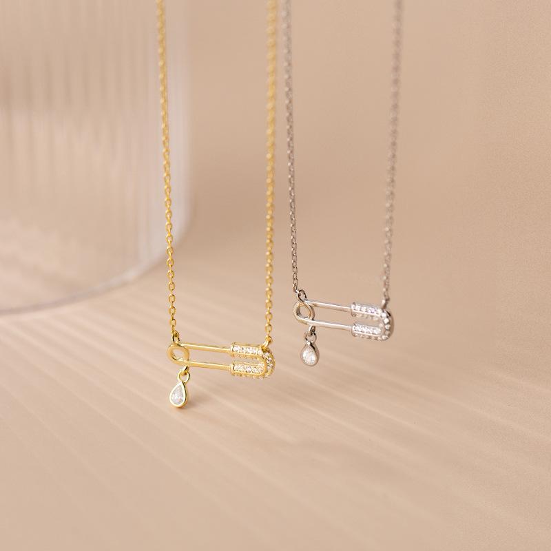 Sterling Silver Pin Clavicle Pendant Necklace Women Charming Personality Zircon Elegant Wedding Paper Clip Jewelry