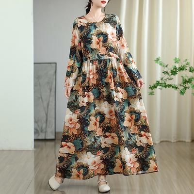 DIMANAF Nieuw 2025 Vrouwen Plus Size Lente Lange Jurk Los Basic Vintage Oversized Lange Mouw Maxi Bloemen