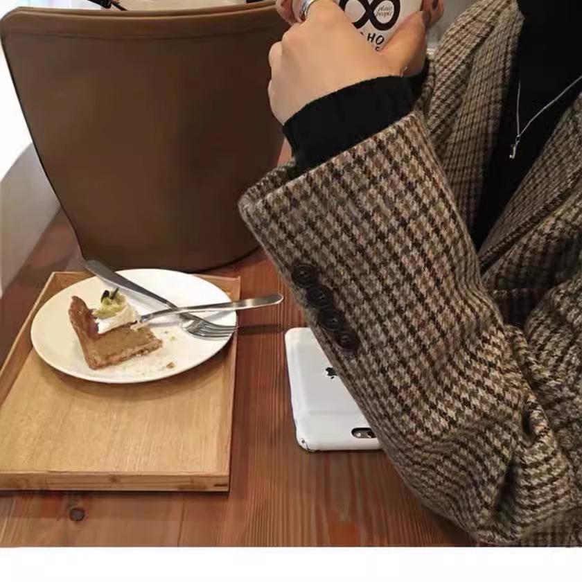 Korean Style Retro Plaid Wool Blazer - Houndstooth Long Sleeve, Thickened, Fall/Winter Collection.