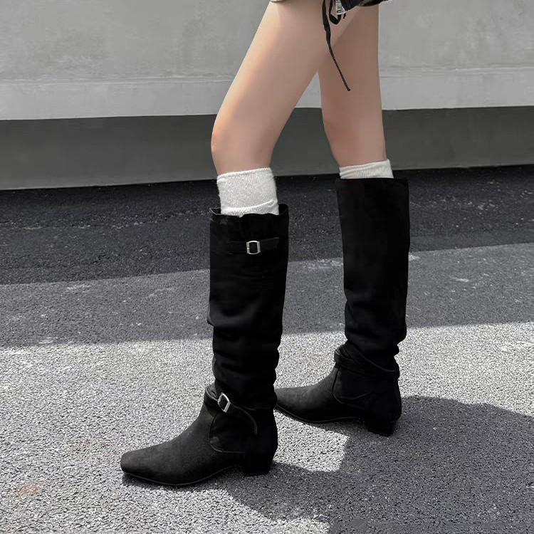 Ancient Old Suede Piled Boots Women'S Pointed Head Low Heel Belt Buckle Western Medium Boots Lazy Pleated Sleeve Trouser Tube Boots
