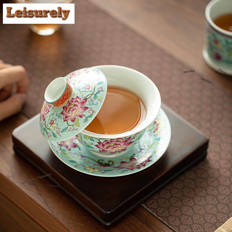 171ml Color Enamel Lotus Gaiwan Ancient Tea Tureen Tea Bowl With Lid Kit Tea Maker Cover Bowl Tea Services Accessories Ornaments