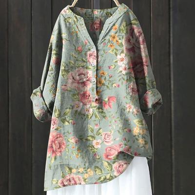 Damen-Shirt, Stehkragen, V-Ausschnitt, Knöpfe, halbe Knopfleiste, Langarm, Pullover, Tops, Blumendruck, lockere Passform