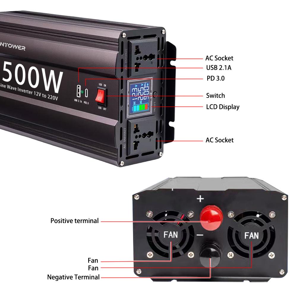 Pure Sine Wave Inverter 12V 220V 2000W/3000W/4400W/5500W DC To AC Converter Car Power Solar Inverter with Fast Charging USB C