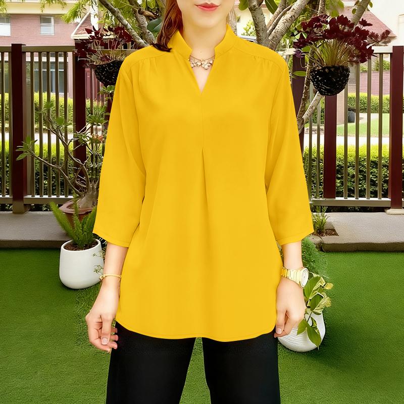 ZANZEA Damen Lockerer V-Ausschnitt 3/4-Ärmel Einfarbig Lässige Bluse