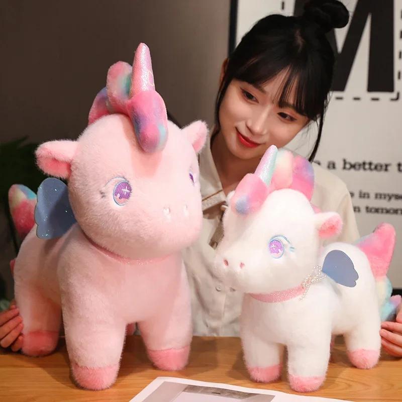 Fluffy Rainbow Unicorn Plush Toys Kawaii Stuffed Cartoon Animal Flying Horse Baby Doll Pillow Christmas Birthday Gift
