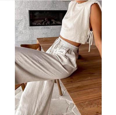 Fashion Cotton and Linen Set with Padded Shoulders and Sleeveless Top+cotton and Linen Pocket Wide Leg Pants Two-piece Set for Women's Clothing