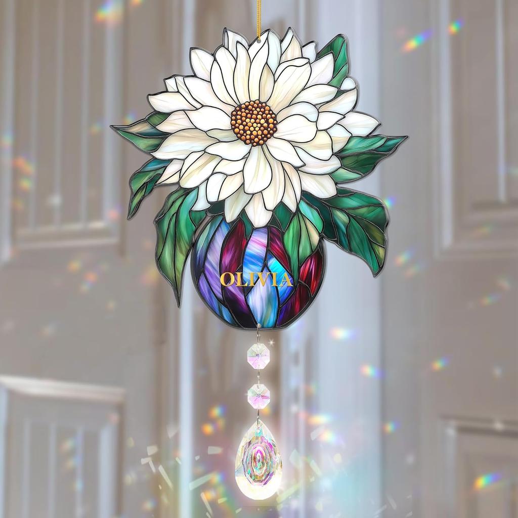Rose Suncatcher - Birth Flower Gifts for Women, Birth Flower with Name Suncatcher Ornament with Crystal, for Mom, Grandma